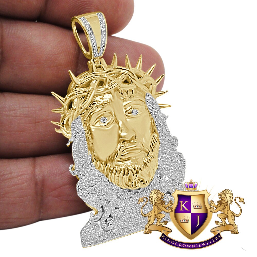 Real Genuine Diamond Jesus Thorns Face Piece 10K Yellow Gold Finish Pendent Charm 2.15''