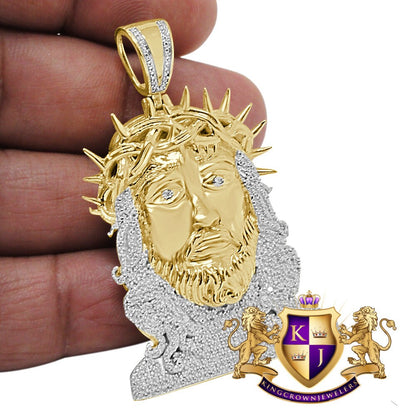 Real Genuine Diamond Jesus Thorns Face Piece 10K Yellow Gold Finish Pendent Charm 2.15''