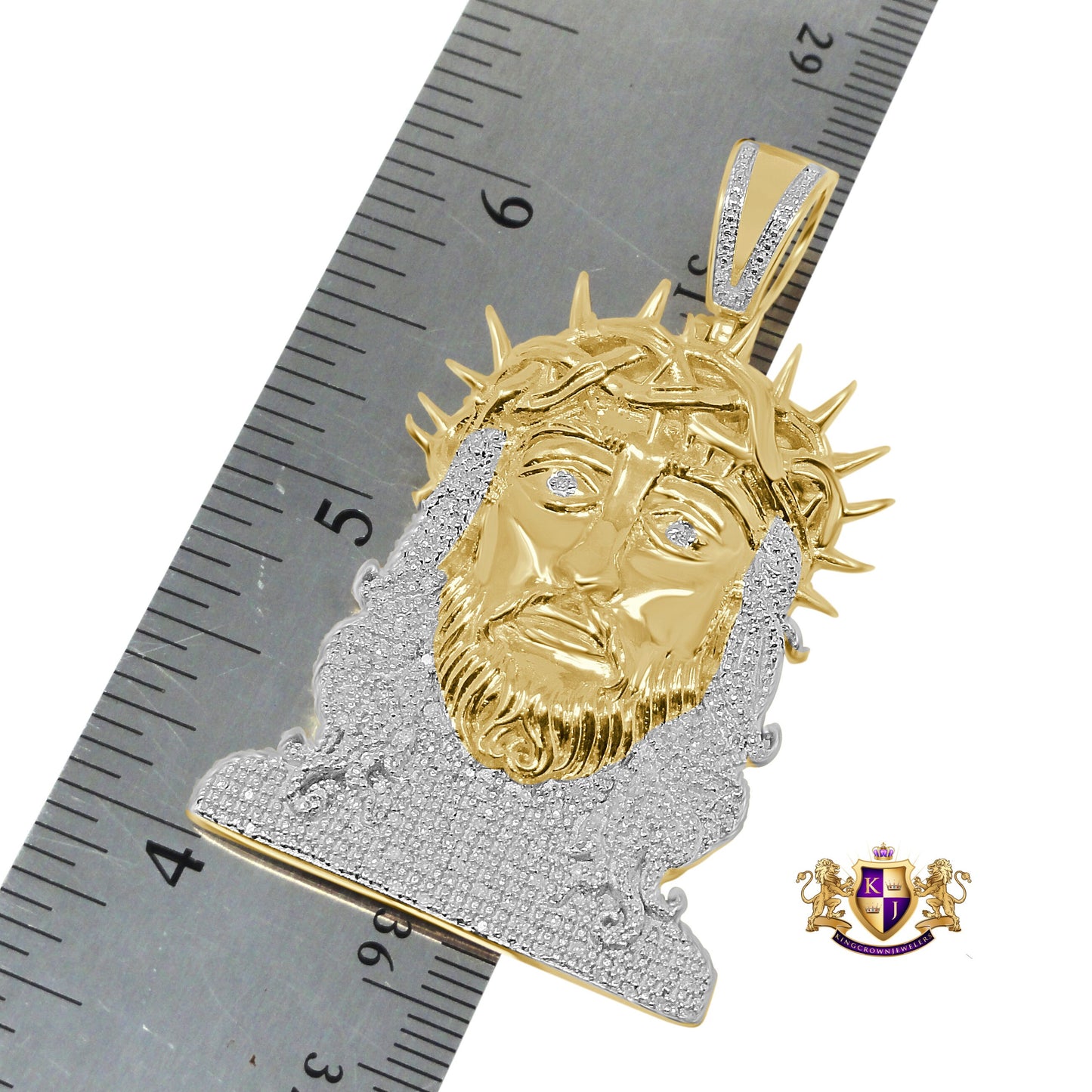 Real Genuine Diamond Jesus Thorns Face Piece 10K Yellow Gold Finish Pendent Charm 2.15''