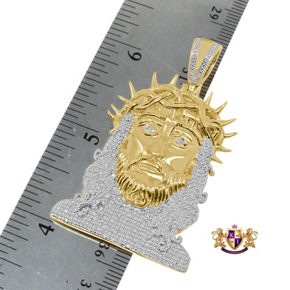 Real Genuine Diamond Jesus Thorns Face Piece 10K Yellow Gold Finish Pendent Charm 2.15''