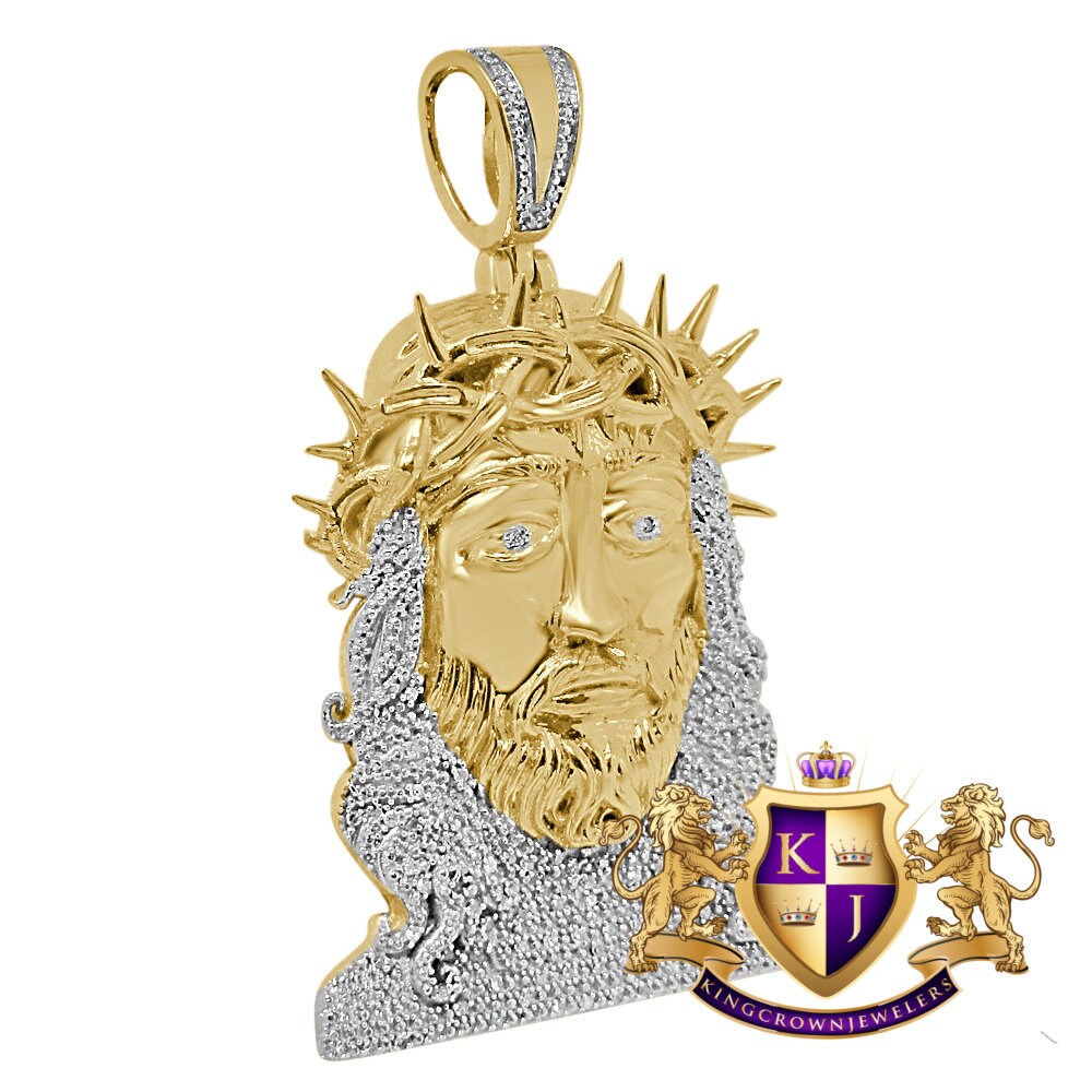 Real Genuine Diamond Jesus Thorns Face Piece 10K Yellow Gold Finish Pendent Charm 2.15''