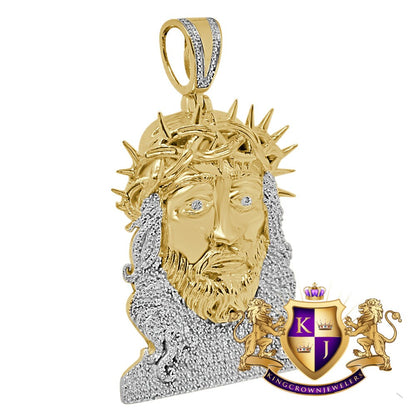 Real Genuine Diamond Jesus Thorns Face Piece 10K Yellow Gold Finish Pendent Charm 2.15''