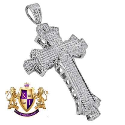 14K White Gold Finish Simulated Diamond Jesus Cross Custom Designer Charm Pendent Big 3.5''