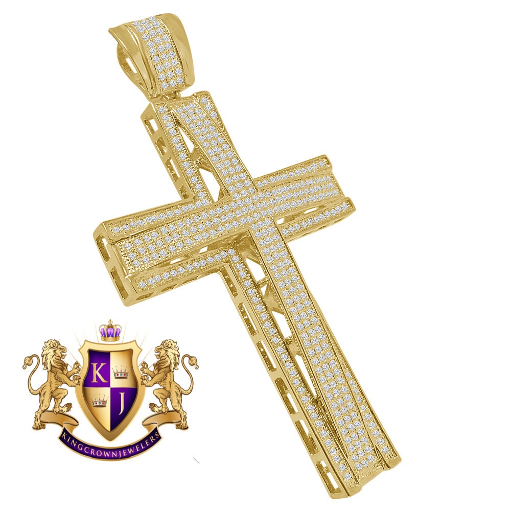High Quality AAA+ Cubic Zirconia Yellow Gold Finish Jesus Cross Pendent Charm XL Big 3.5''