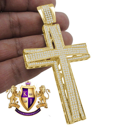 High Quality AAA+ Cubic Zirconia Yellow Gold Finish Jesus Cross Pendent Charm XL Big 3.5''