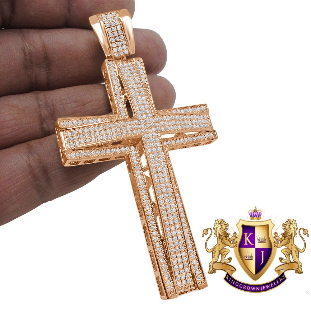 High Quality AAA+ Cubic Zirconia Rose Gold Copper Tone Jesus Cross Pendent Charm XL Big 3.5''