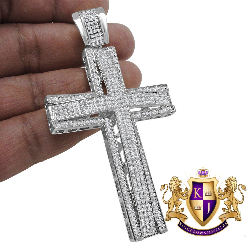High Quality AAA+ Cubic Zirconia White Gold Finish Jesus Cross Pendent Charm XL Big 3.5''