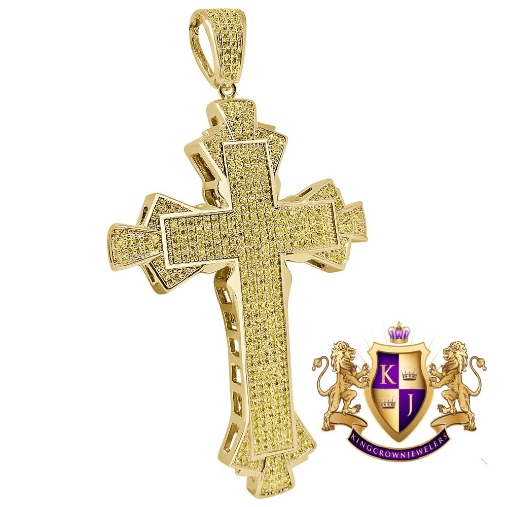 Canary 14K Yellow Gold Finish Simulated Diamond Jesus Cross Custom Designer Charm Pendent Big 3.5''