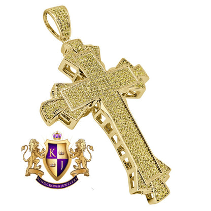 Canary 14K Yellow Gold Finish Simulated Diamond Jesus Cross Custom Designer Charm Pendent Big 3.5''