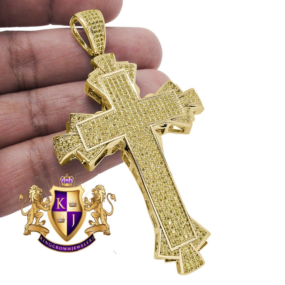 Canary 14K Yellow Gold Finish Simulated Diamond Jesus Cross Custom Designer Charm Pendent Big 3.5''