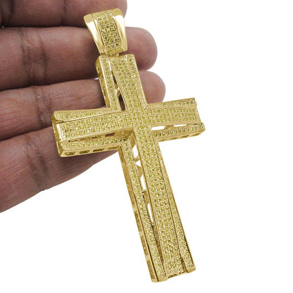 High Quality AAA+ Canary Cubic Zirconia Yellow Gold Finish Jesus Cross Pendent Charm XL Big 3.5''