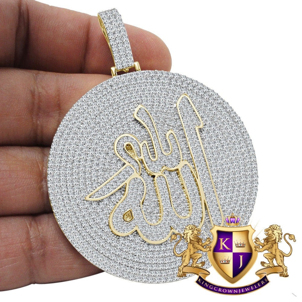 Real Yellow Gold Sterling Silver Simulated Diamond Allah God Muslim Islamic Medallion Charm Pendent Big 2.85''
