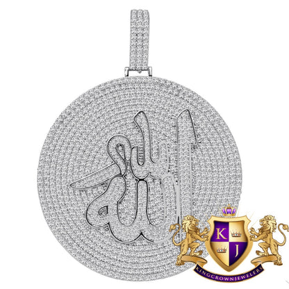 Real White Gold Sterling Silver Simulated Diamond Allah God Muslim Islamic Medallion Charm Pendent Big 2.85''