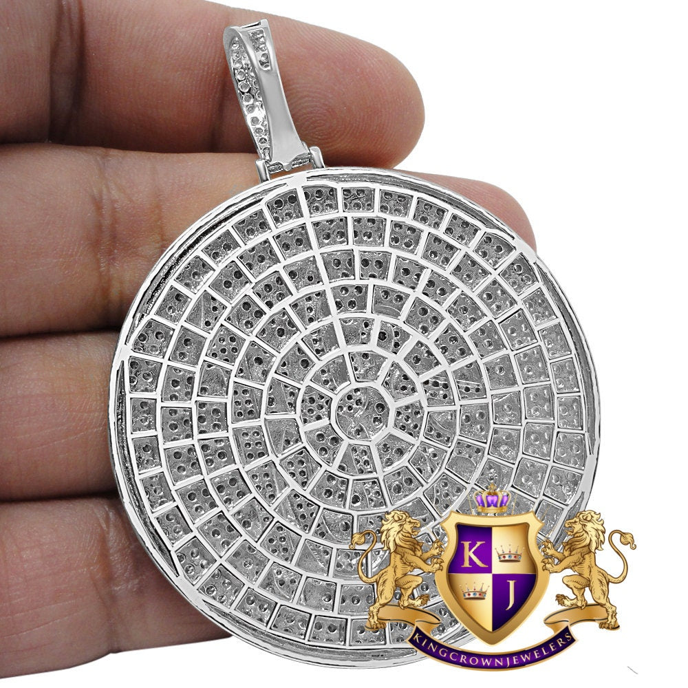 Real White Gold Sterling Silver Simulated Diamond Allah God Muslim Islamic Medallion Charm Pendent Big 2.85''