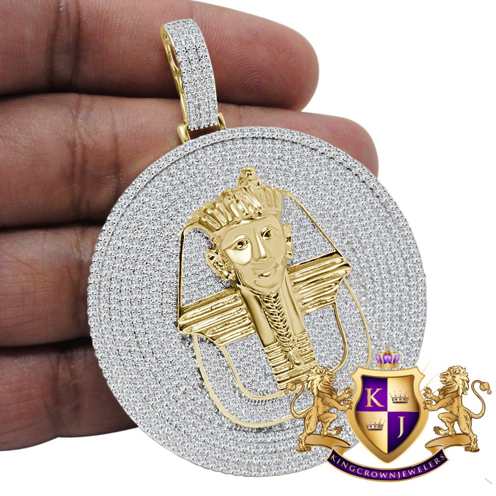 40 + Grams Big 2.85 '' 14K Yellow Gold On Genuine Real Sterling Silver Simulated Diamond Egyptian Queen Pharaoh Pendant Charm Medallion