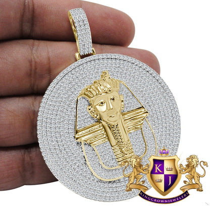40 + Grams Big 2.85 '' 14K Yellow Gold On Genuine Real Sterling Silver Simulated Diamond Egyptian Queen Pharaoh Pendant Charm Medallion