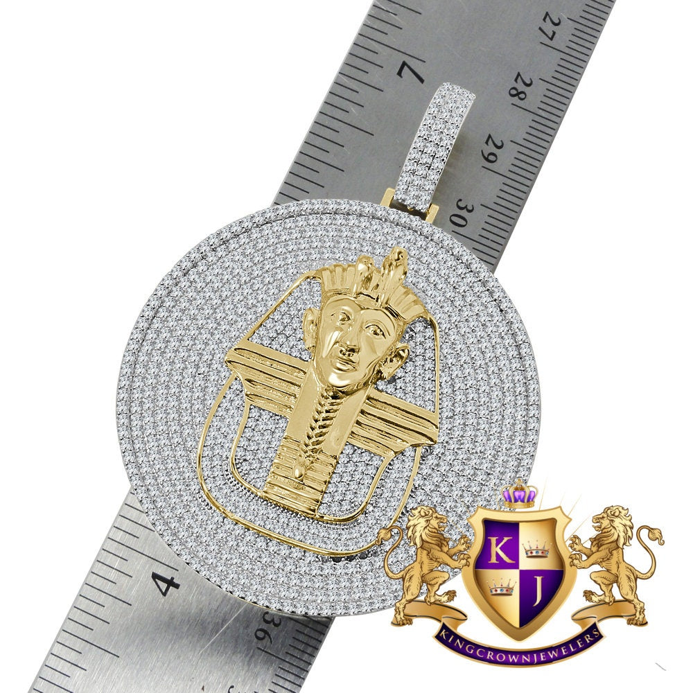 40 + Grams Big 2.85 '' 14K Yellow Gold On Genuine Real Sterling Silver Simulated Diamond Egyptian Queen Pharaoh Pendant Charm Medallion