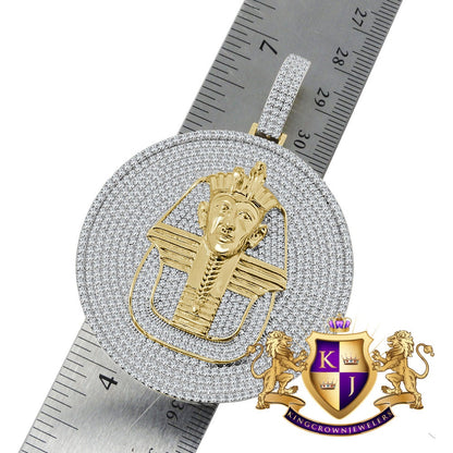 40 + Grams Big 2.85 '' 14K Yellow Gold On Genuine Real Sterling Silver Simulated Diamond Egyptian Queen Pharaoh Pendant Charm Medallion