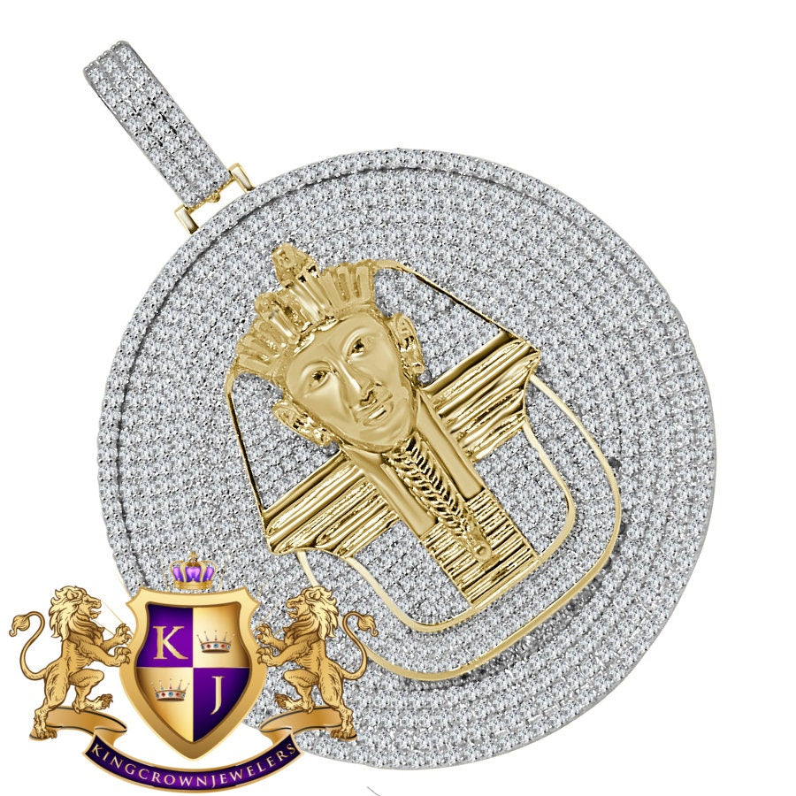 40 + Grams Big 2.85 '' 14K Yellow Gold On Genuine Real Sterling Silver Simulated Diamond Egyptian Queen Pharaoh Pendant Charm Medallion