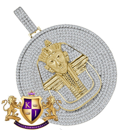 40 + Grams Big 2.85 '' 14K Yellow Gold On Genuine Real Sterling Silver Simulated Diamond Egyptian Queen Pharaoh Pendant Charm Medallion