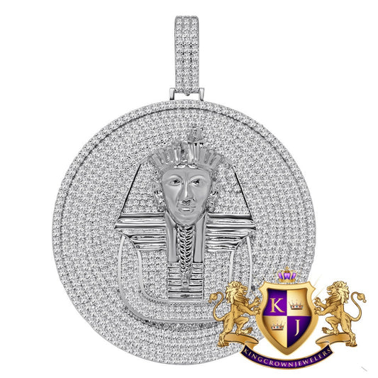 40 + Grams Big 2.85 '' 14K White Gold On Genuine Real Sterling Silver Simulated Diamond Egyptian Queen Pharaoh Pendant Charm Medallion