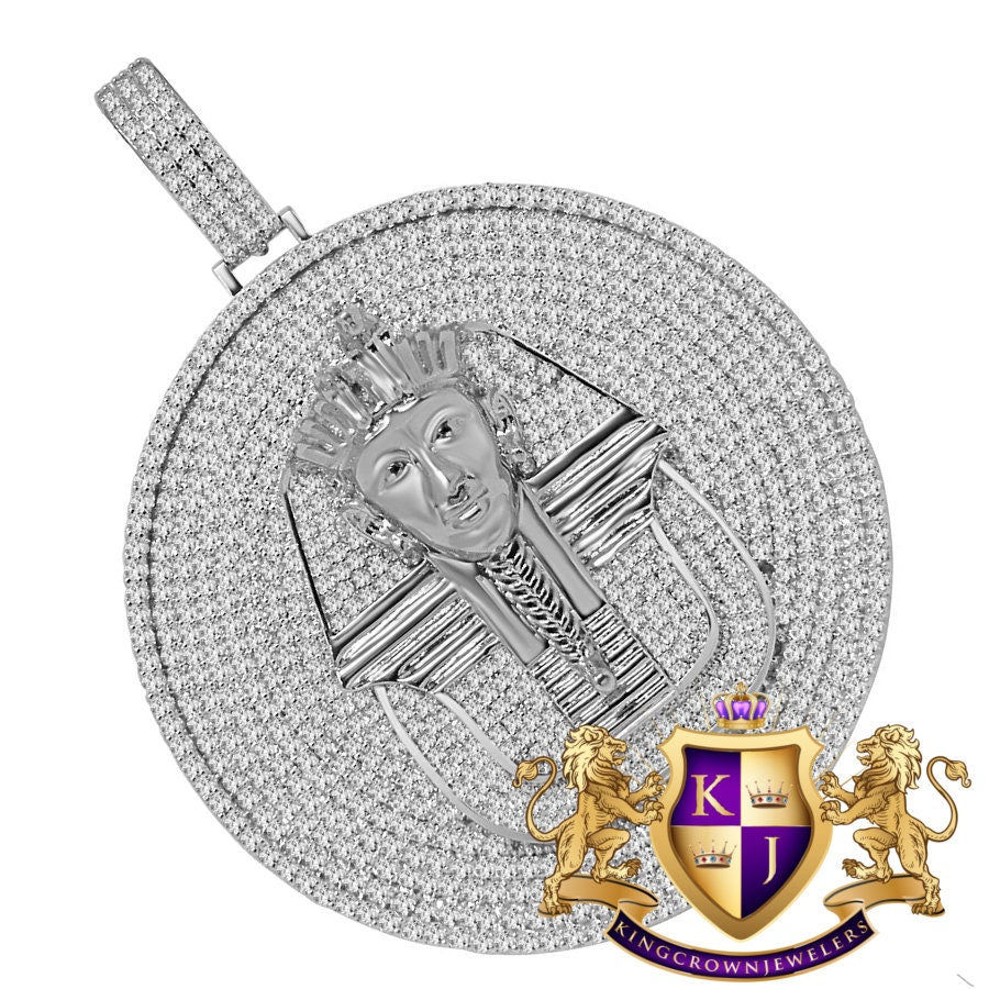 40 + Grams Big 2.85 '' 14K White Gold On Genuine Real Sterling Silver Simulated Diamond Egyptian Queen Pharaoh Pendant Charm Medallion