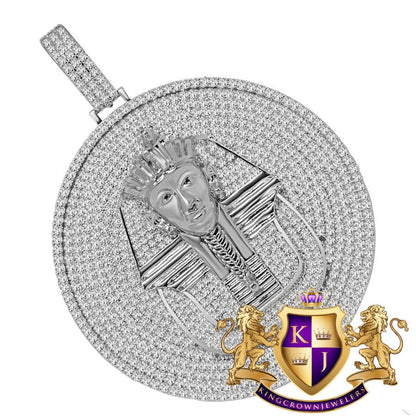 40 + Grams Big 2.85 '' 14K White Gold On Genuine Real Sterling Silver Simulated Diamond Egyptian Queen Pharaoh Pendant Charm Medallion