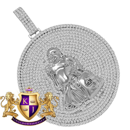 Custom Piece Real Sterling Silver White Gold Tone Buddha With Money Bag Pendent Charm Medallion XL 2.85''