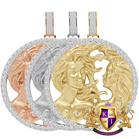 3D XL 2.75'' Genuine Sterling Silver Gemini Twins Face Lucky Zodiac Sign Astrology Horoscope Pendent Charm