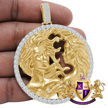 3D XL 2.75'' Genuine Sterling Silver Gemini Twins Face Lucky Zodiac Sign Astrology Horoscope Pendent Charm