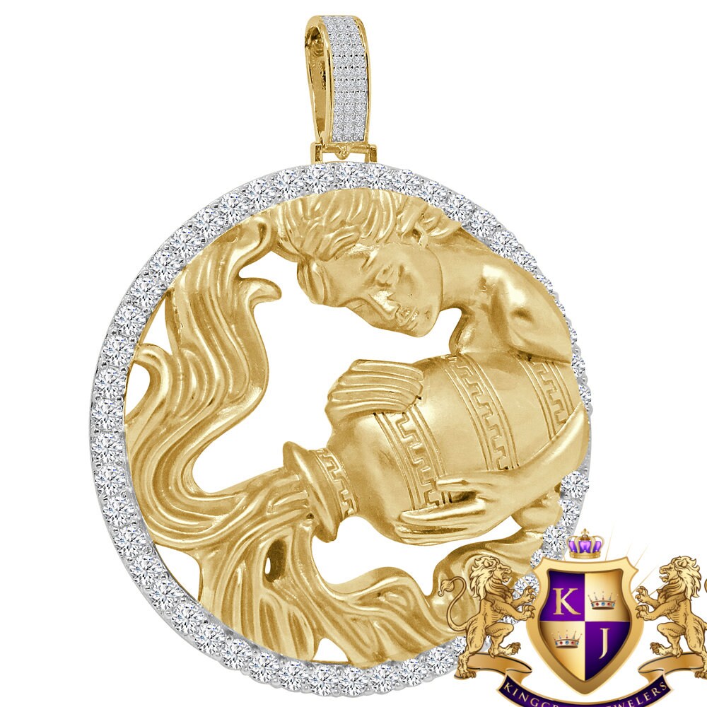 3D XL 2.75'' Genuine Sterling Silver Aquarius Water Lucky Zodiac Sign Astrology Horoscope Pendent Charm