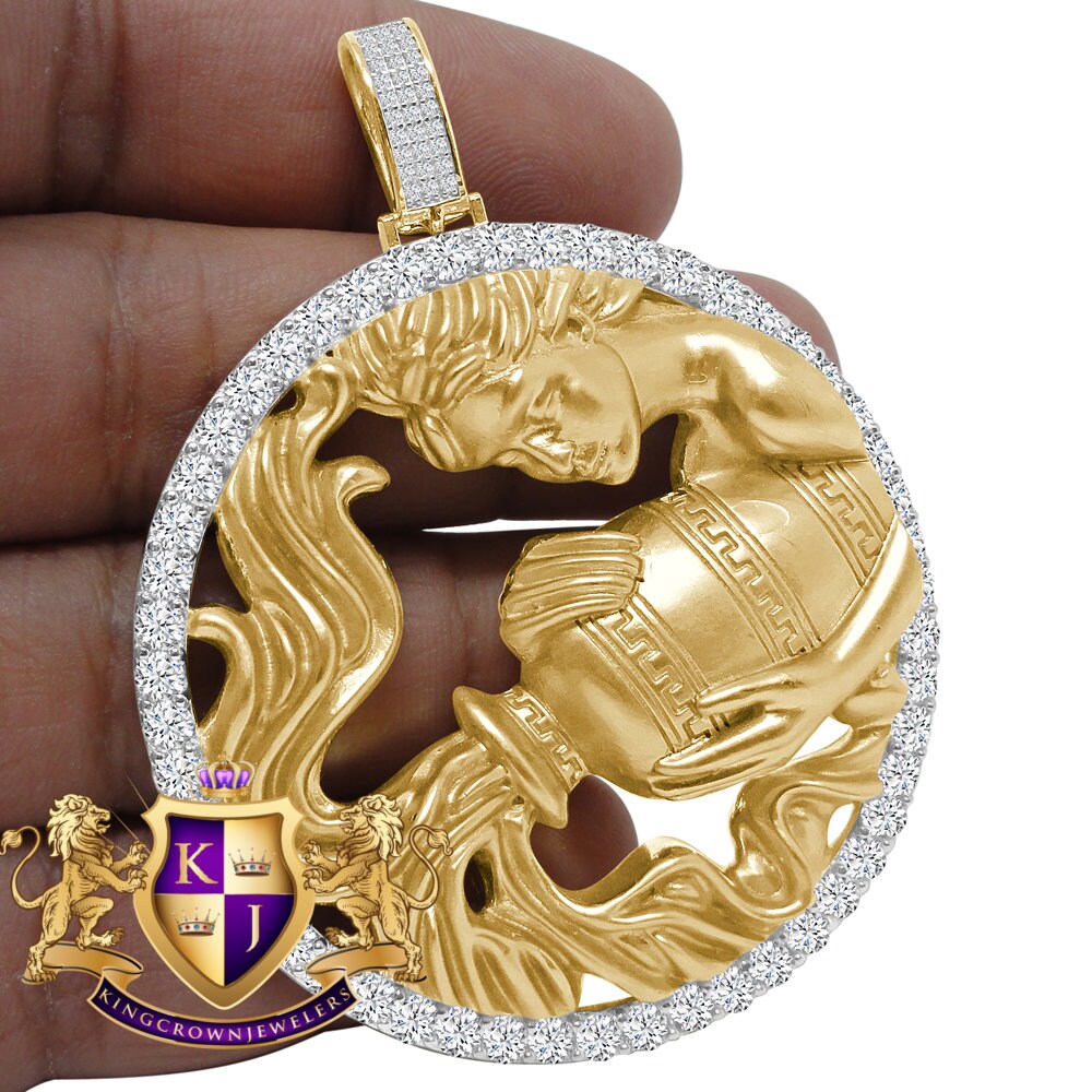 3D XL 2.75'' Genuine Sterling Silver Aquarius Water Lucky Zodiac Sign Astrology Horoscope Pendent Charm