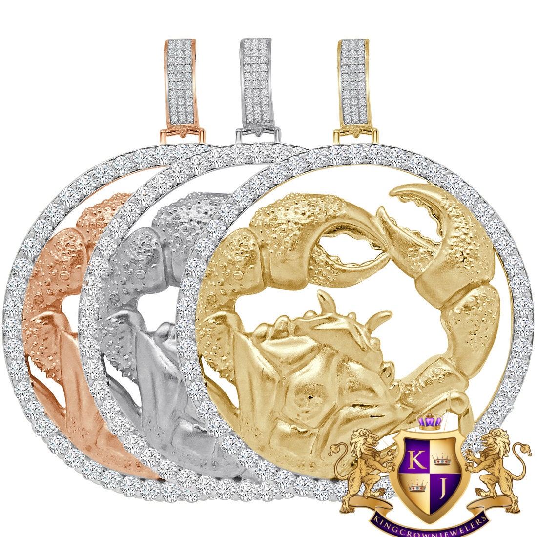 Real Sterling Silver Solitaire 3D Big 2.75'' Cancer Crab Lucky Zodiac Sign Astrology Horoscope Simulated Diamond Pendant Charm Medallion