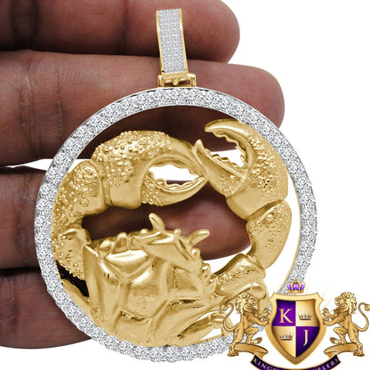 Real Sterling Silver Solitaire 3D Big 2.75'' Cancer Crab Lucky Zodiac Sign Astrology Horoscope Simulated Diamond Pendant Charm Medallion