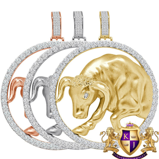 35+ Grams 3D XL 2.75'' Real Silver 4.00 Cwt. Simulated Diamond 14K Gold Over Lucky Zodiac Sign Taurus Bull Astrology Pendant Charm Medallion