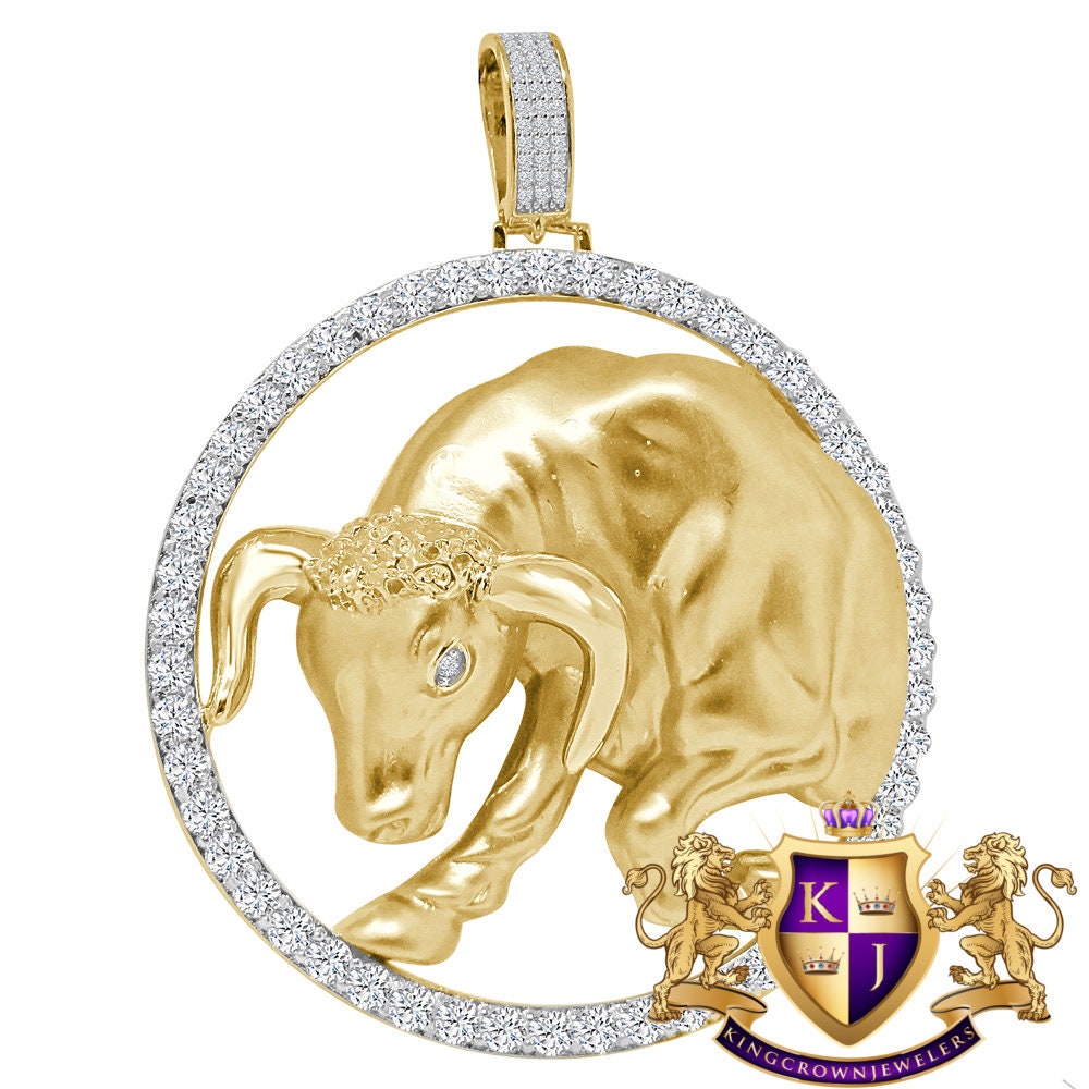 35+ Grams 3D XL 2.75'' Real Silver 4.00 Cwt. Simulated Diamond 14K Gold Over Lucky Zodiac Sign Taurus Bull Astrology Pendant Charm Medallion