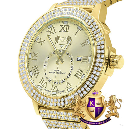 Mens Full Solid Stainless Steel 18K Yellow Gold Finish Real Diamond Dial Luxury Custom Watch 53mm W/Date