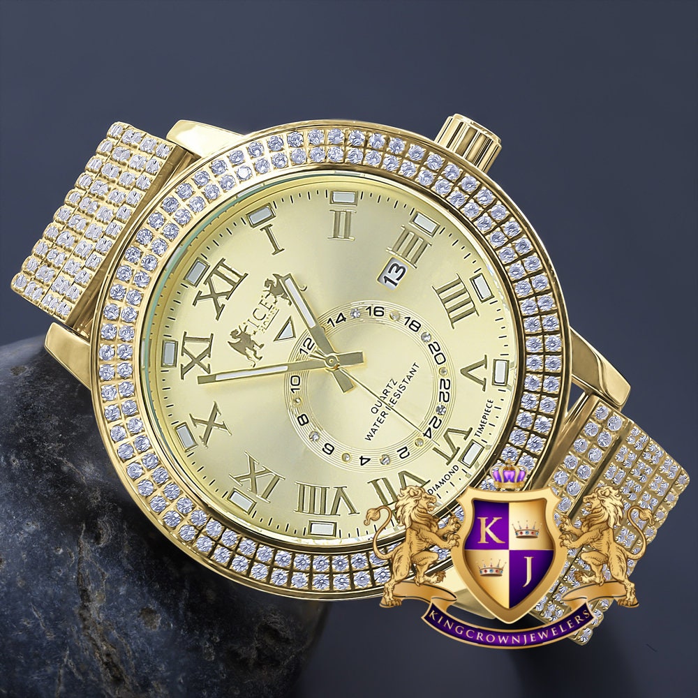 Mens Full Solid Stainless Steel 18K Yellow Gold Finish Real Diamond Dial Luxury Custom Watch 53mm W/Date