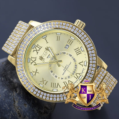 Mens Full Solid Stainless Steel 18K Yellow Gold Finish Real Diamond Dial Luxury Custom Watch 53mm W/Date