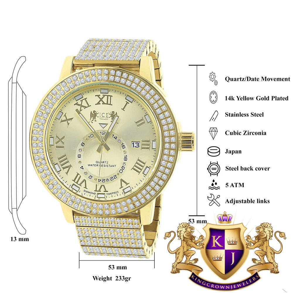 Mens Full Solid Stainless Steel 18K Yellow Gold Finish Real Diamond Dial Luxury Custom Watch 53mm W/Date
