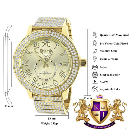 Mens Full Solid Stainless Steel 18K Yellow Gold Finish Real Diamond Dial Luxury Custom Watch 53mm W/Date