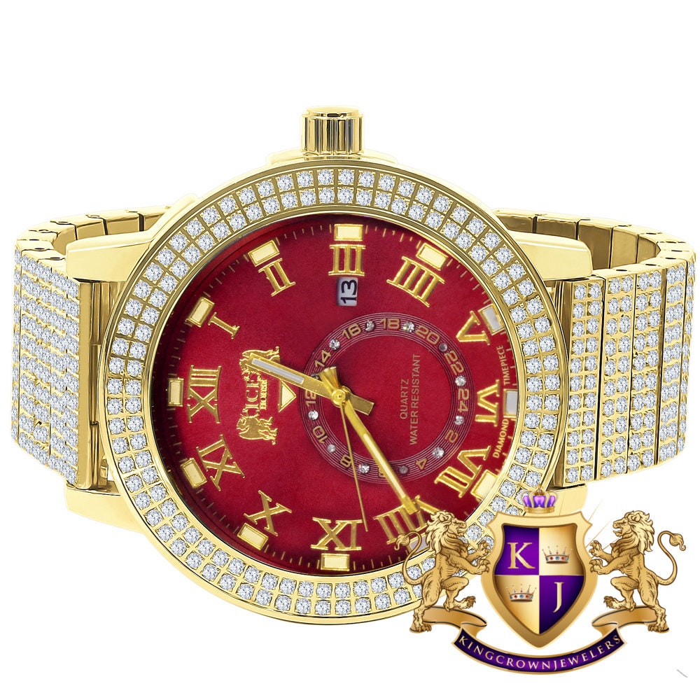 Ruby Red Face Full Solid Stainless Steel 18K Yellow Gold Tone Real Diamond Dial Mens Luxury Custom Watch 53mm W/Date