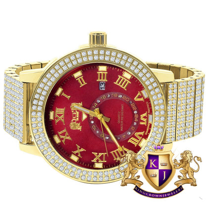 Ruby Red Face Full Solid Stainless Steel 18K Yellow Gold Tone Real Diamond Dial Mens Luxury Custom Watch 53mm W/Date