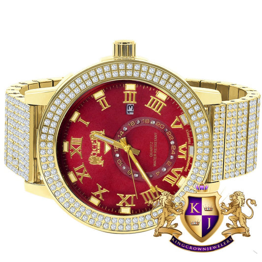 Ruby Red Face Full Solid Stainless Steel 18K Yellow Gold Tone Real Diamond Dial Mens Luxury Custom Watch 53mm W/Date