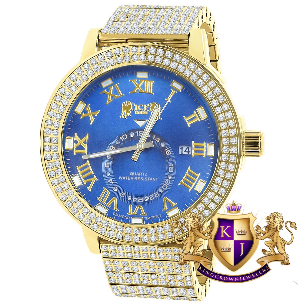 Sapphire Blue Face Full Solid Stainless Steel 18K Yellow Gold Tone Real Diamond Dial Mens Luxury Custom Watch 53mm W/Date