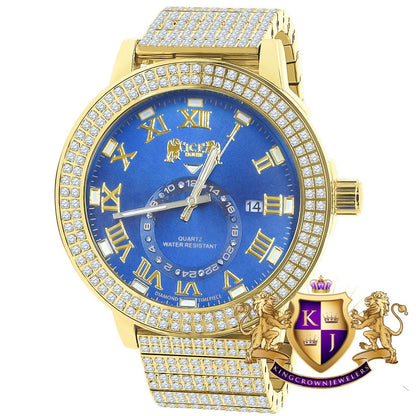 Sapphire Blue Face Full Solid Stainless Steel 18K Yellow Gold Tone Real Diamond Dial Mens Luxury Custom Watch 53mm W/Date