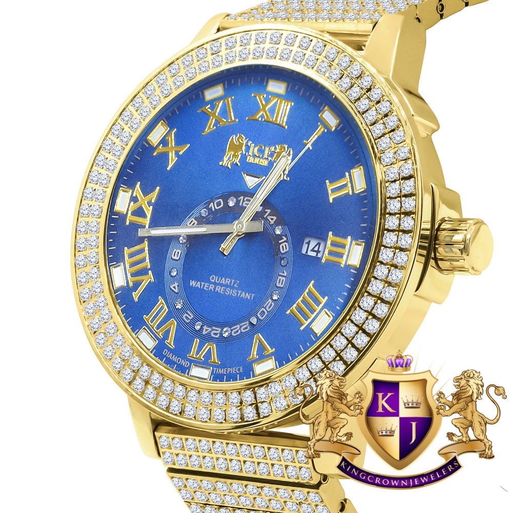 Sapphire Blue Face Full Solid Stainless Steel 18K Yellow Gold Tone Real Diamond Dial Mens Luxury Custom Watch 53mm W/Date