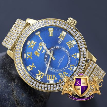 Sapphire Blue Face Full Solid Stainless Steel 18K Yellow Gold Tone Real Diamond Dial Mens Luxury Custom Watch 53mm W/Date
