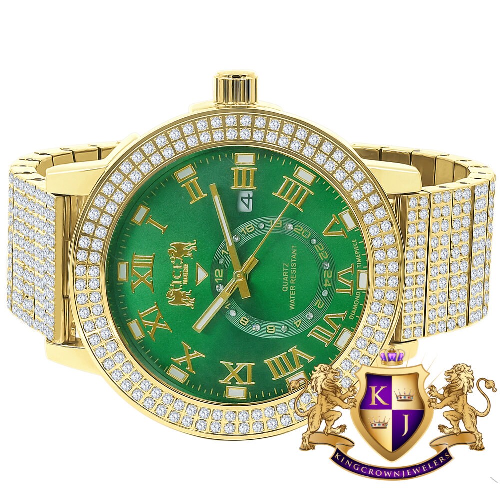Green Emerald Face Full Solid Stainless Steel 18K Yellow Gold Tone Real Diamond Dial Mens Luxury Custom Watch 53mm W/Date