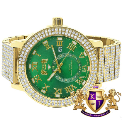 Green Emerald Face Full Solid Stainless Steel 18K Yellow Gold Tone Real Diamond Dial Mens Luxury Custom Watch 53mm W/Date